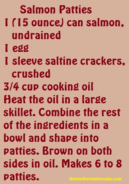 the recipe for salmon patties is shown in red and black text on a beige background