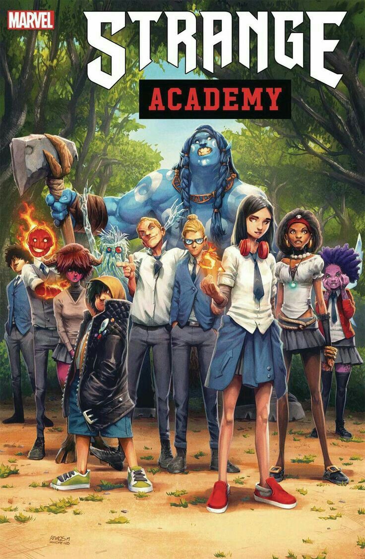 the cover to strange academy, featuring an image of people in school uniforms