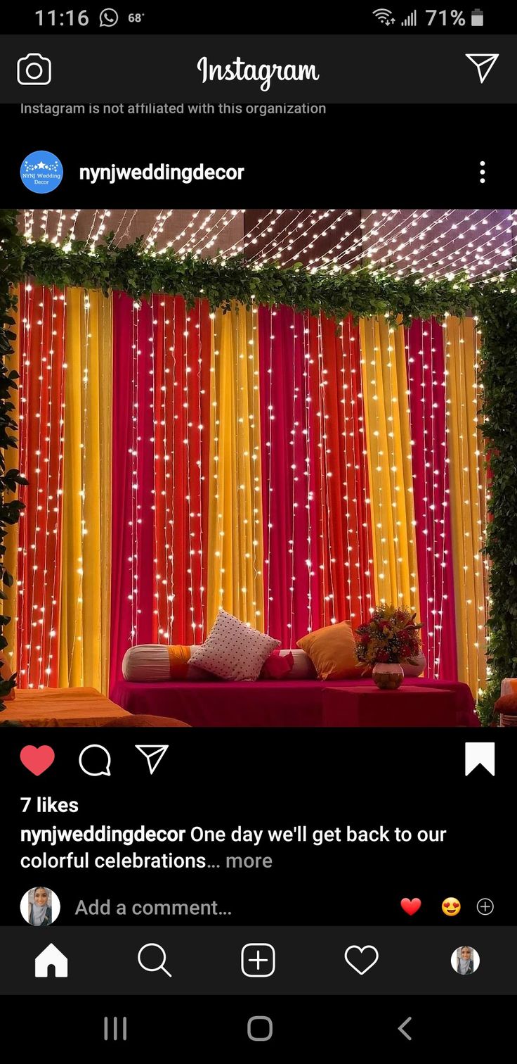 an instagram page with lights on the wall and curtains in the background for wedding decor