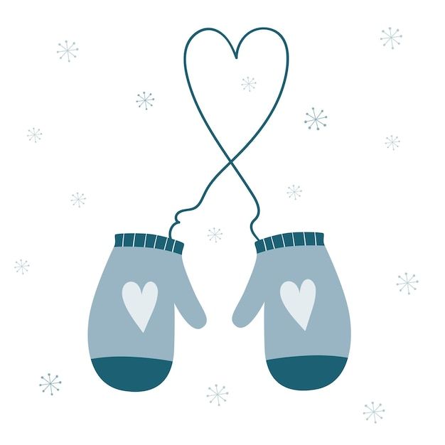 two mittens hanging from a string with a heart in the middle and snowflakes behind them