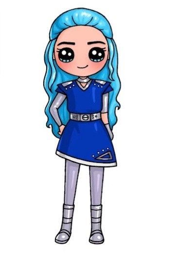 a drawing of a girl with blue hair wearing a blue dress and silver boots, standing in