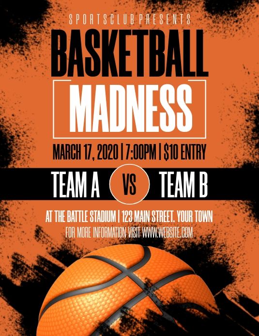 an orange and black basketball poster with the words basketball madness on it's side