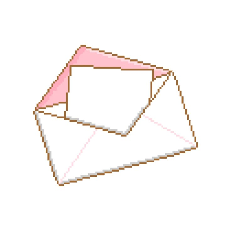 two envelopes with pink paper on them are shown in pixel art style, one is open and the other is closed