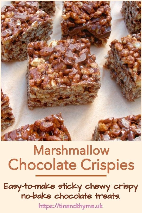 marshmallow chocolate crispies are stacked on top of each other with text overlay that reads, marshmallow chocolate crispies