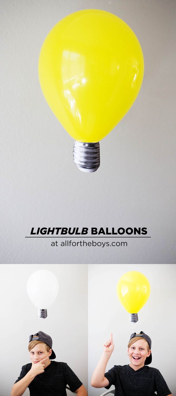 a man is sitting in front of a light bulb that has been turned into a balloon