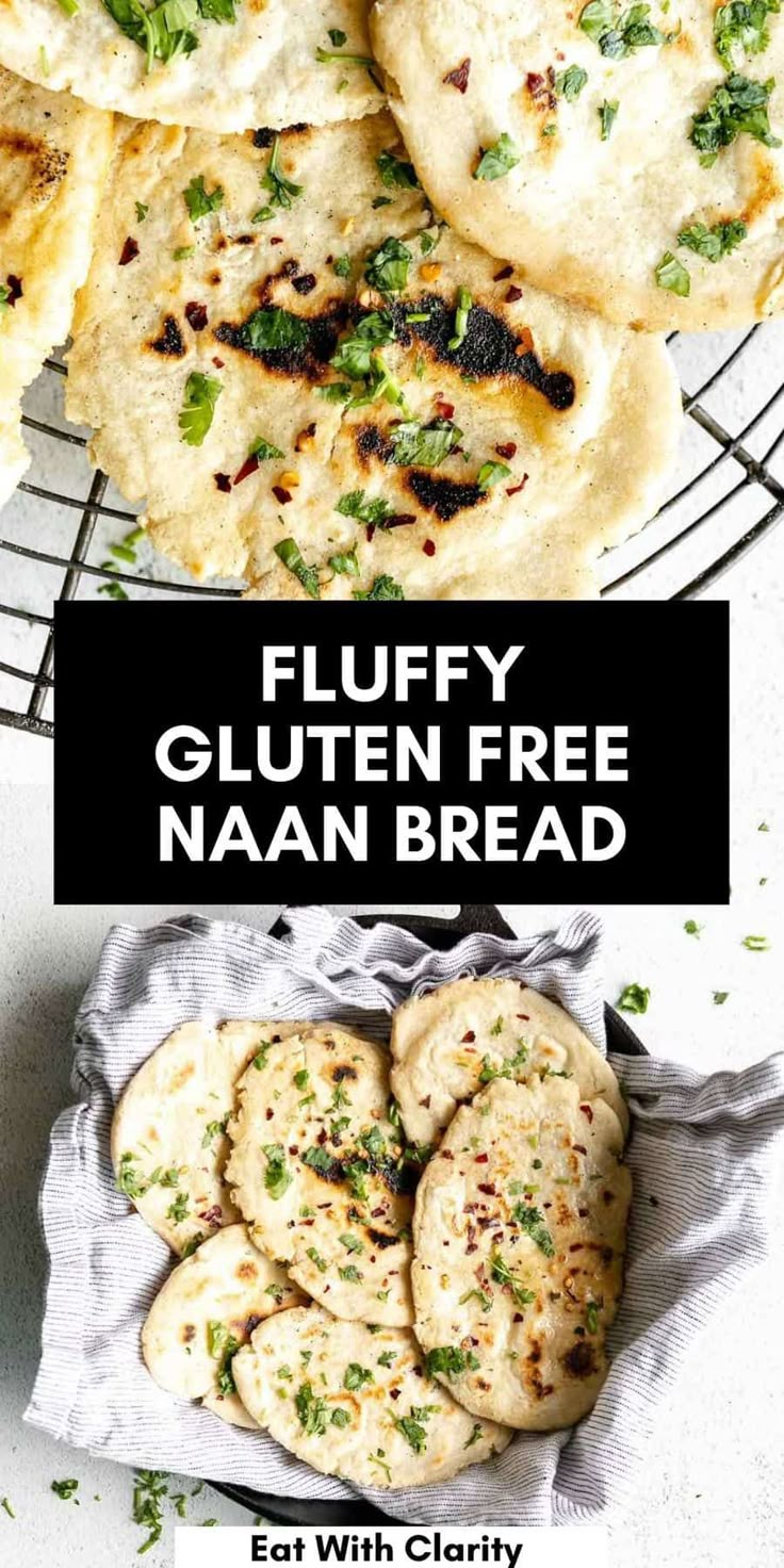 gluten free naan bread on a wire rack with text overlay that reads fluffy gluten free naan bread