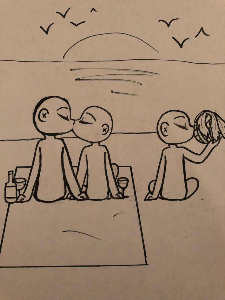 a drawing of two people sitting on the beach, one holding a wine glass while the other is drinking