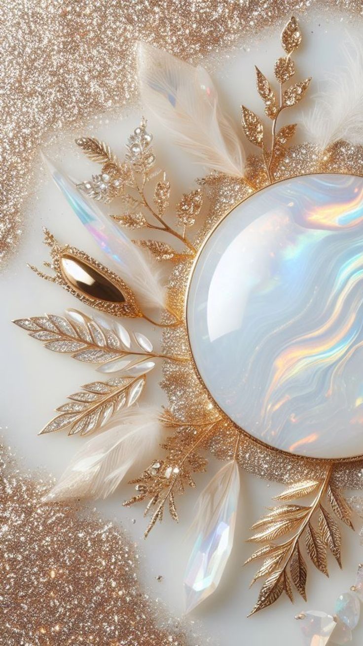 a white and gold brooch with feathers on it's side, surrounded by glitter