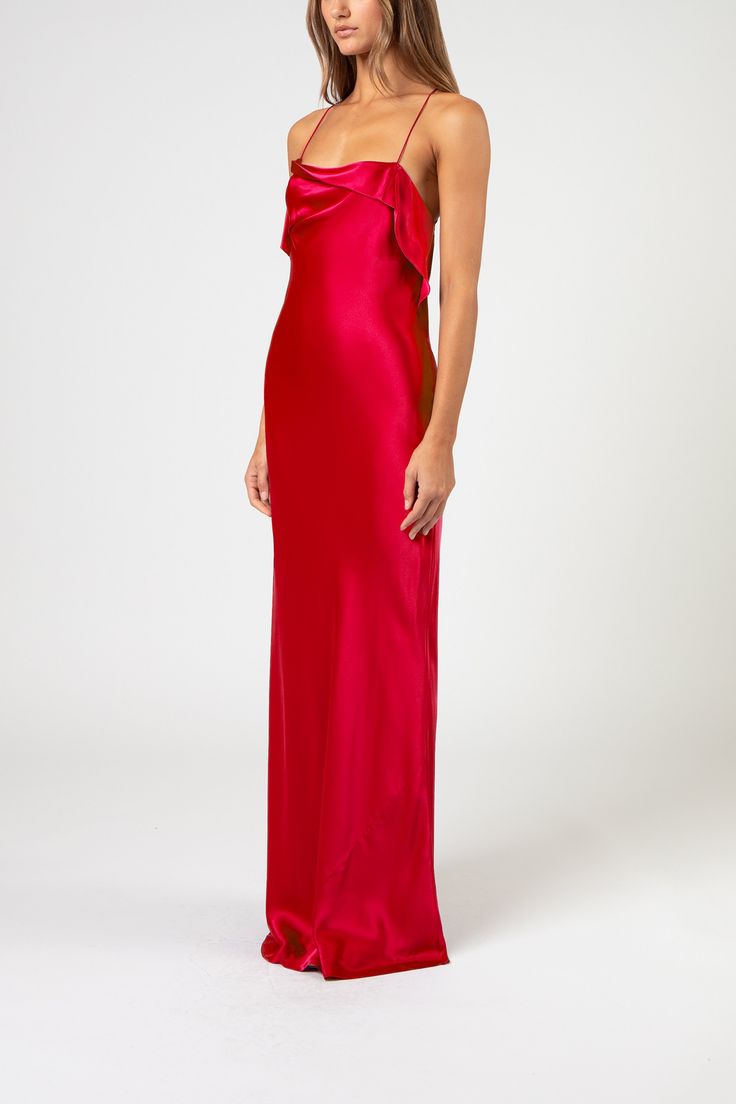 Bias gown with cowl and ruffles in pure silk satin. Features delicate spaghetti straps. Fully lined in silk. Imported. Composition: 100% silk Silk Formal Dress, Girl Prom, Cute Formal Dresses, Fancy Fits, Red Silk Dress, Prom Inspo, Prom 2024, Prom Queen, Silk Dress Long