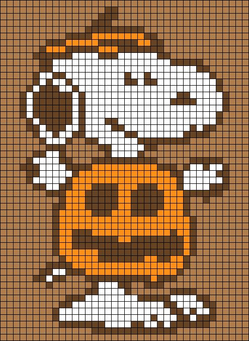 a cross stitch pattern with an image of a dog wearing a pumpkin hat and scarf