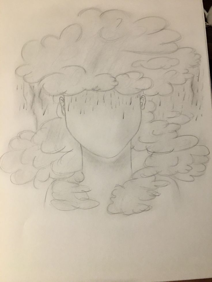 a drawing of a girl with clouds and rain coming out of her head, on paper