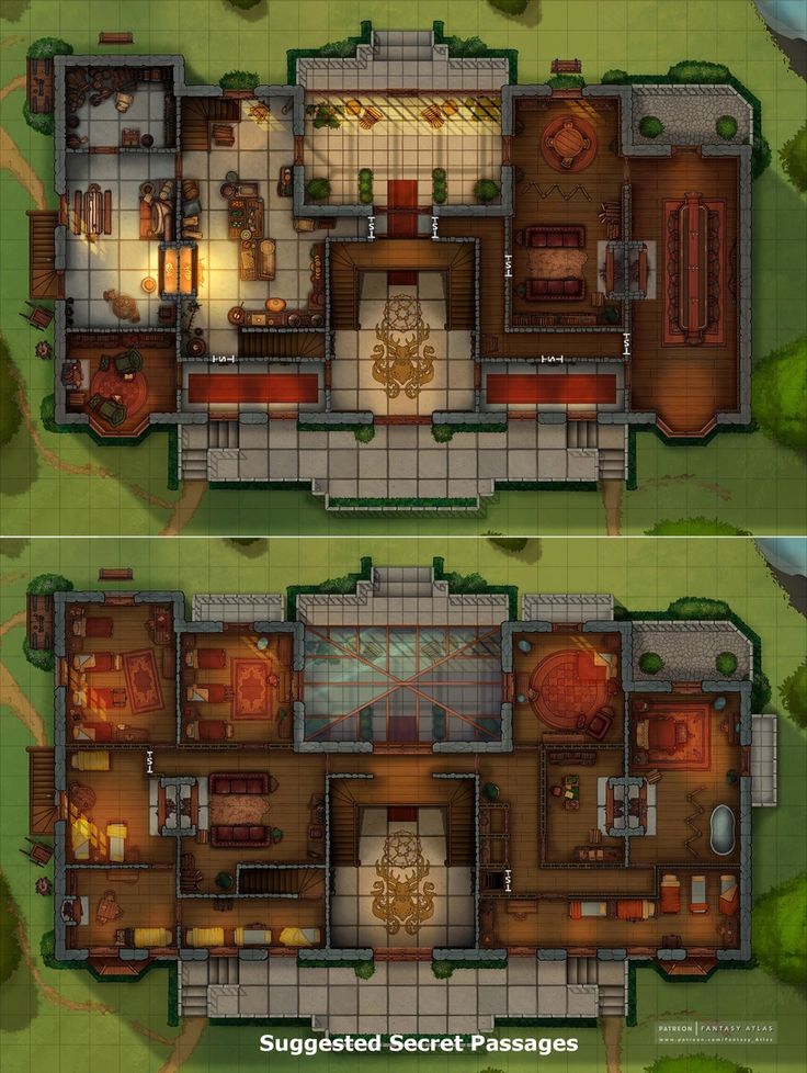 two views of the floor plan of a house with several rooms and bathrooms in it