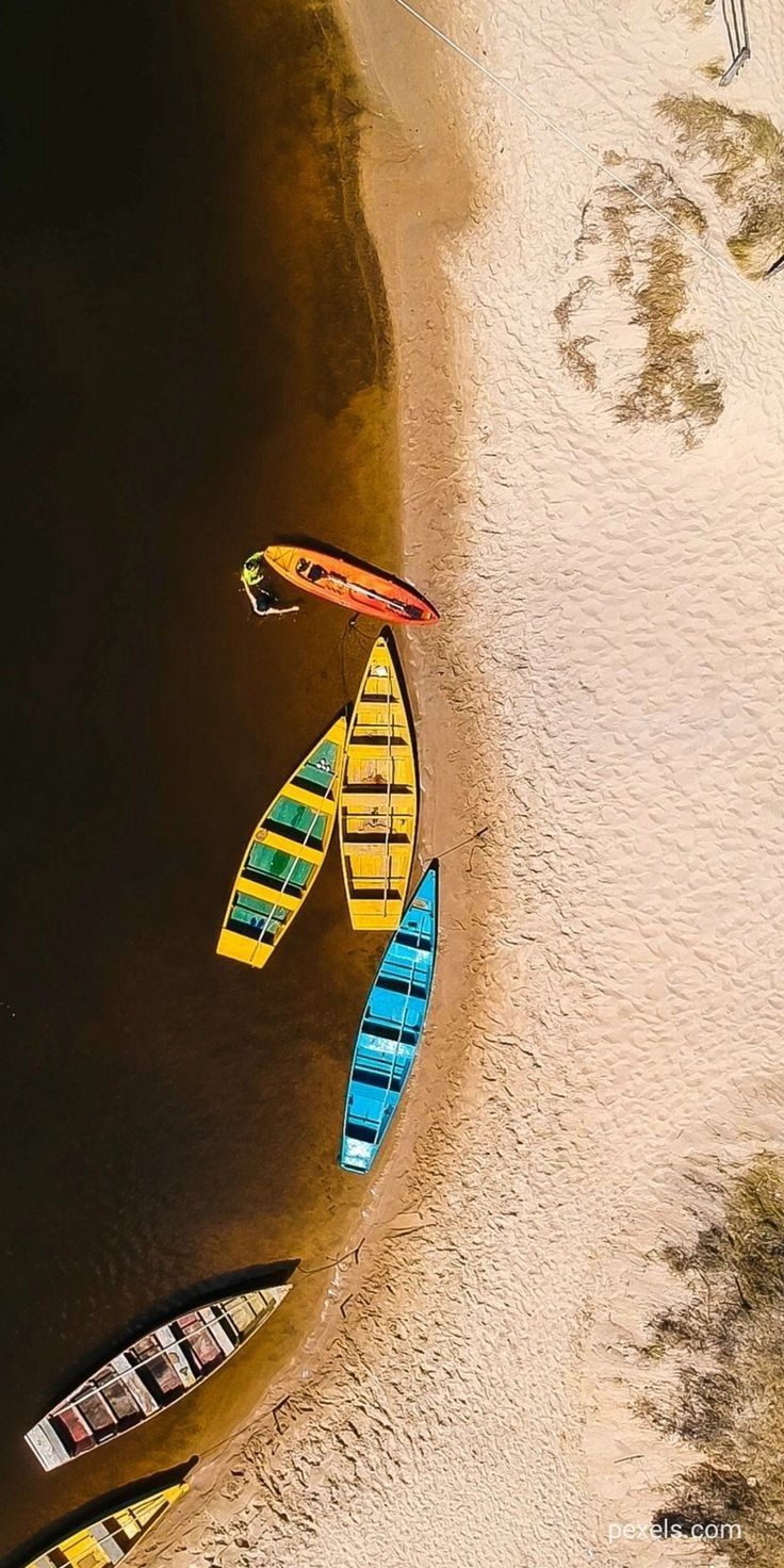 several canoes are lined up on the beach near the water's edge, and one is upside down