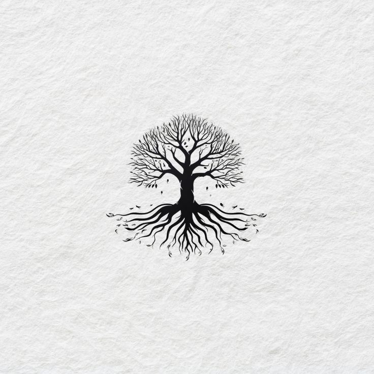 a black and white drawing of a tree with roots