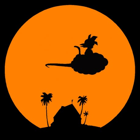 the silhouette of a dragon flying over a house in front of an orange sun with palm trees