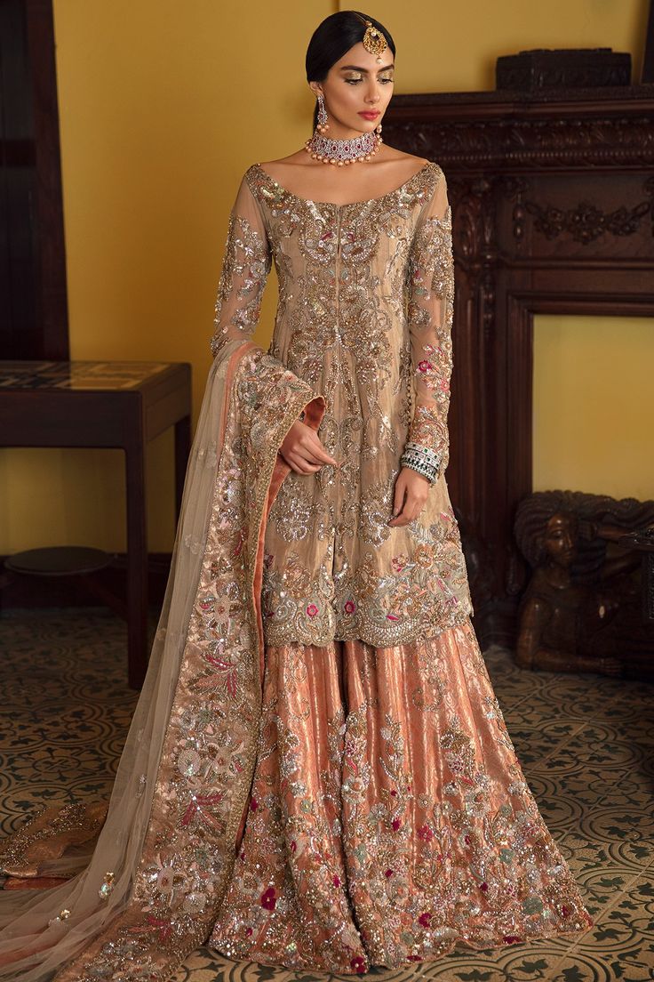 Wedding Dresses In Pakistan, Gold Bridal Gown, Bridal Sharara, Sharara Dress, Pakistani Bridal Couture, Walima Dress, Pakistani Formal Dresses, Desi Wedding Dresses, Nikkah Dress