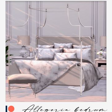 an artistic rendering of a bedroom with marbled bedding and pillows on the floor