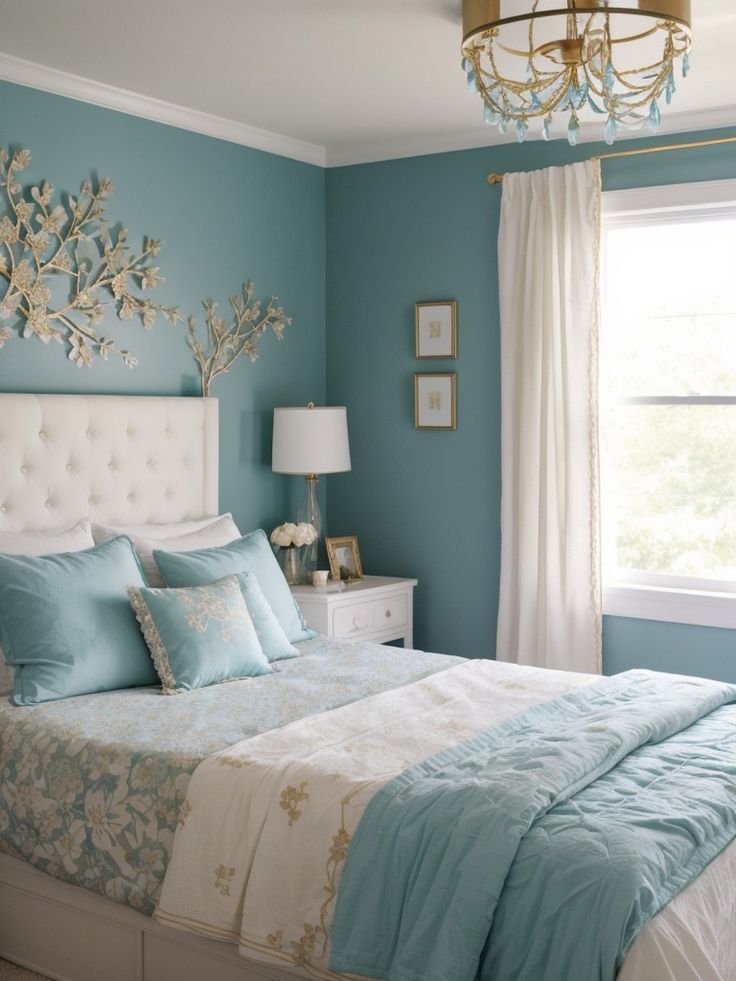 a bedroom with blue walls, white bedding and a chandelier hanging from the ceiling