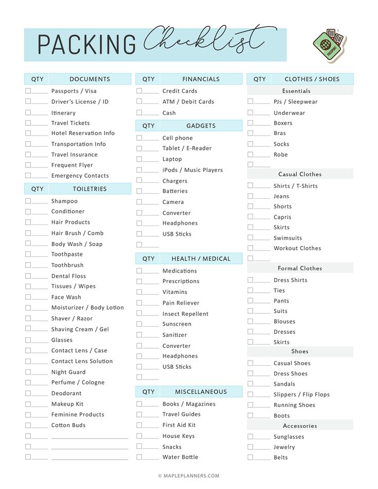 the packing checklist is shown in blue and white