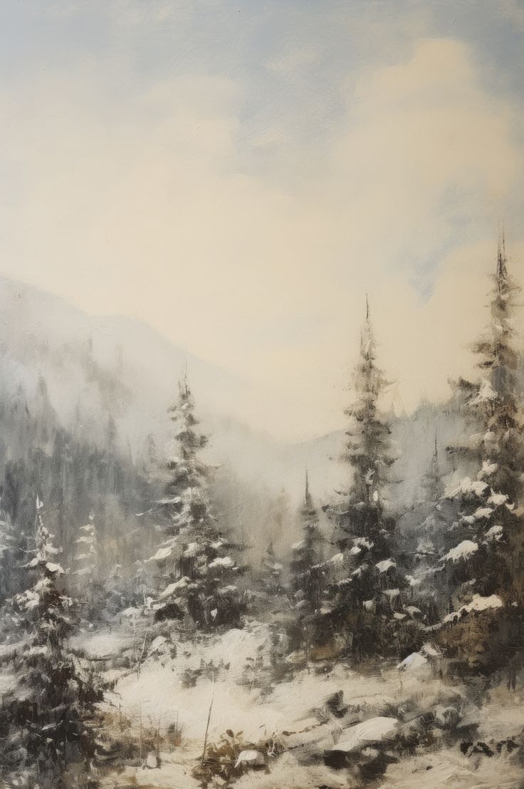 a painting of snow covered trees in the mountains