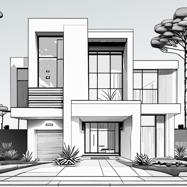 a drawing of a modern house with trees in the front yard and landscaping around it