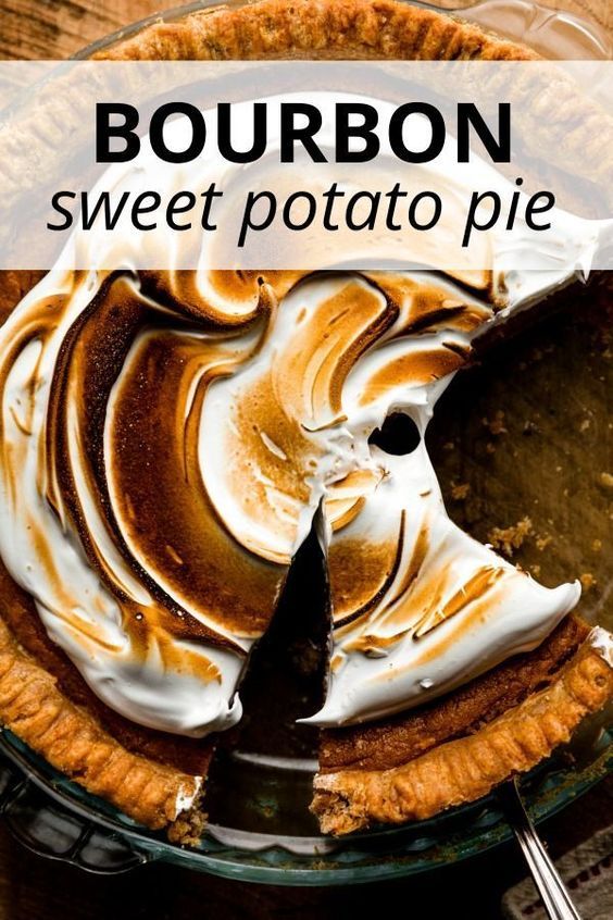 bourbon sweet potato pie on a wooden table with the words bourbon sweet potato pie above it