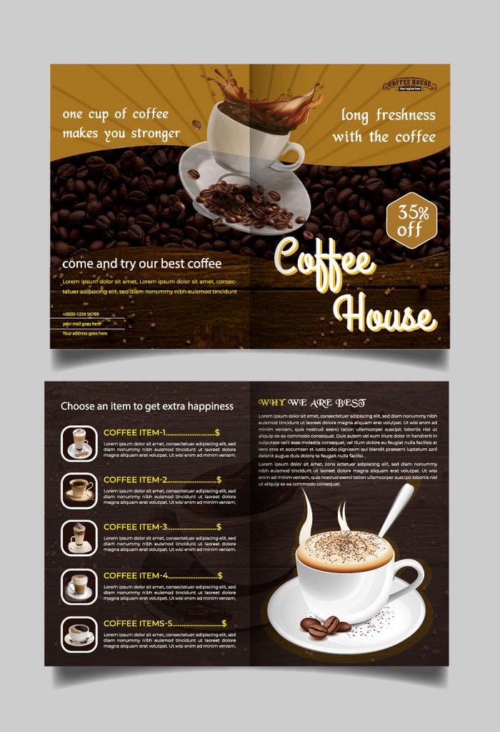 a coffee house brochure is shown in this image, it shows the front and back pages