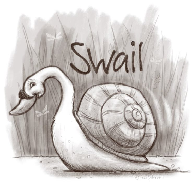 a drawing of a snail sitting on top of a body of water next to tall grass