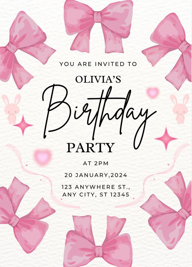 Super cute girly and coquette pink bow birthday invitation for all ages! Digital Birthday Invitations Zazzle, Pink Minnie Bow Invitations, Your Invited To My Birthday Party, Social Distancing Birthday Party, Barbie 5th Birthday Party Email Or Sms Invitations, 15 Birthday Party Invitations, 20th Birthday Pink Theme, Ideas For Birthday Invitations, Pretty In Pink Birthday Invitations