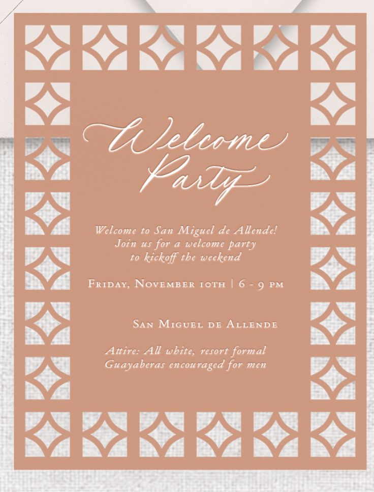 an orange and white wedding card with the words welcome party in cursive font