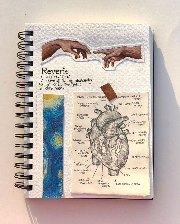 a spiral notebook with an image of the creation of human heart and hands on it