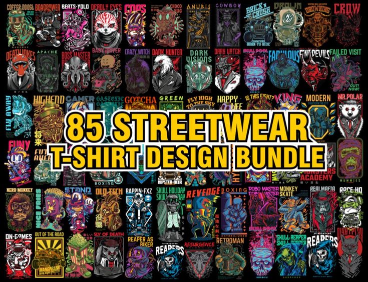 the 85 streetwear t - shirt design bundle is shown in various colors and sizes