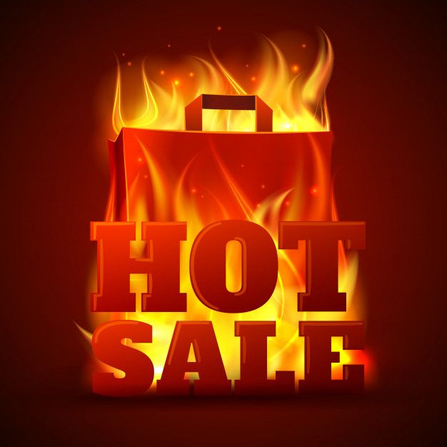 a hot sale sign with fire and flames in the background on a dark background illustration