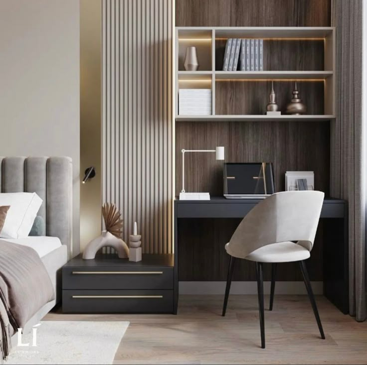 a bed room with a neatly made bed and a desk in front of a bookshelf