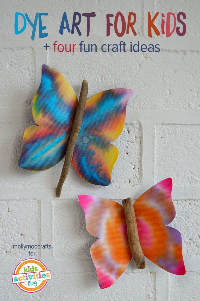 two paper butterflies on a brick wall with the words dye art for kids and four fun craft ideas