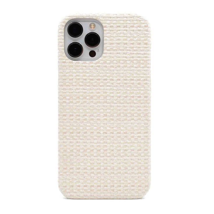 an iphone case with two buttons on the front and back side, in white fabric