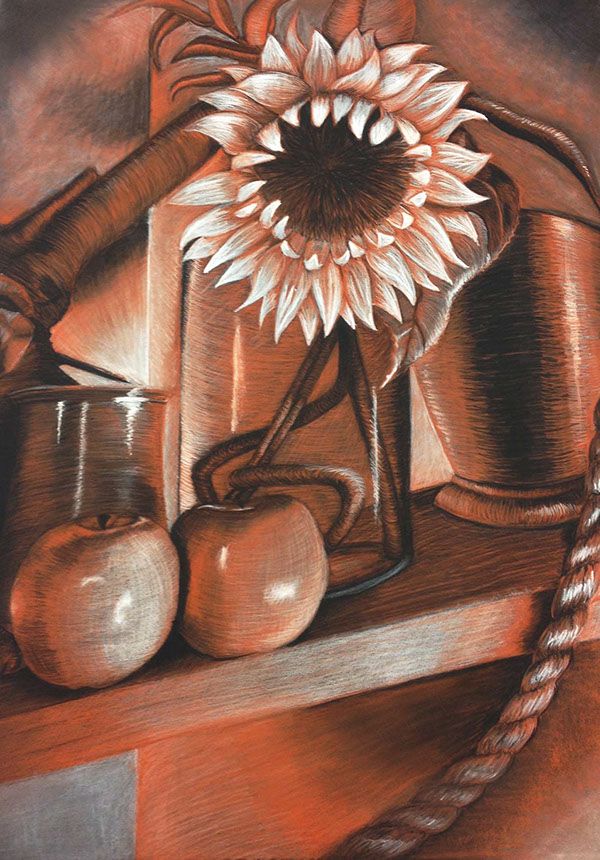 a drawing of an apple, vase and sunflower on a wooden table with rope