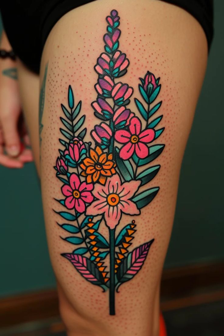 a woman's thigh with flowers and leaves on it