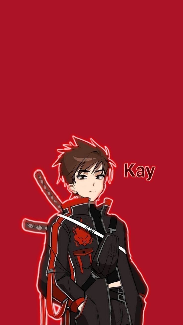 an anime character holding two swords in his hands, with the words kay on it