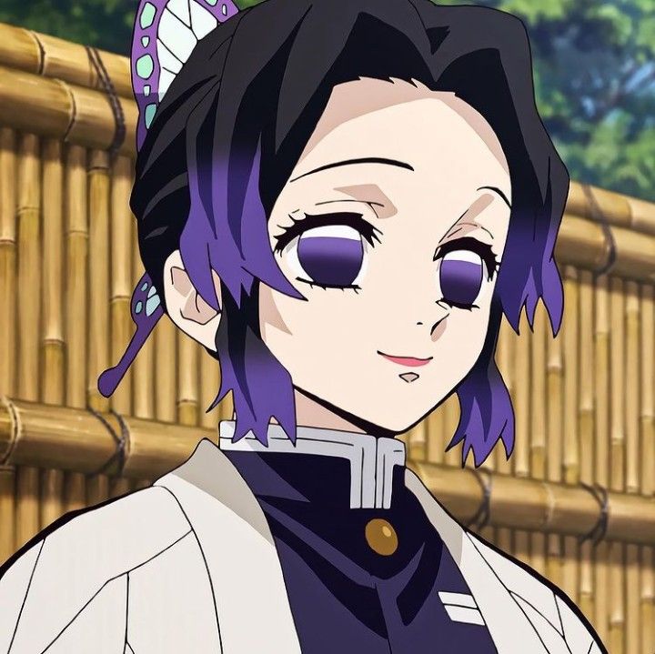 an anime character with purple hair and blue eyes looking at something in front of her