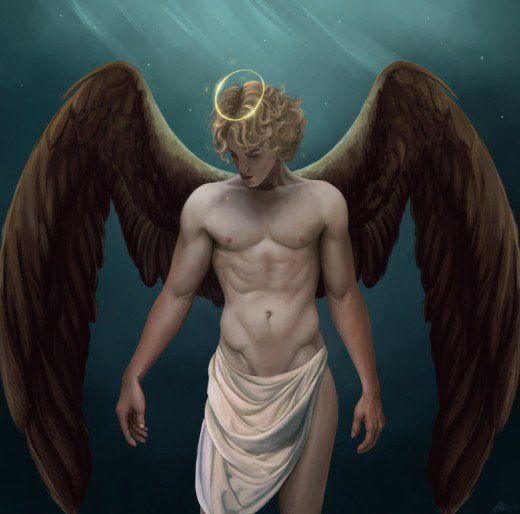 a painting of an angel standing in the water with his hands on his hips and looking down