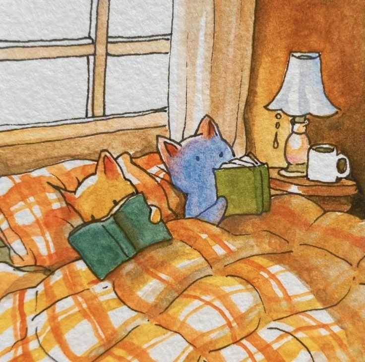 a watercolor painting of a cat reading in bed