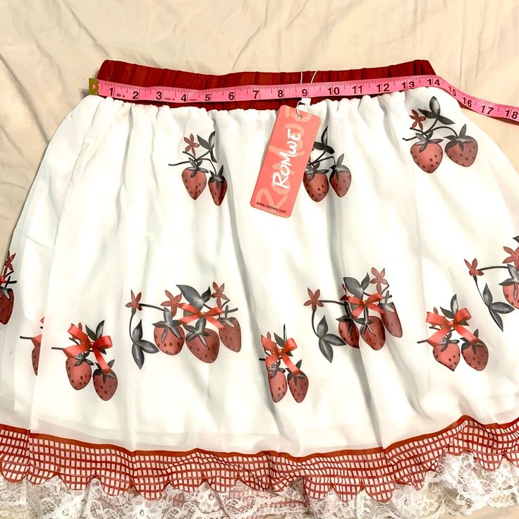 White And Red Polyester Mini Skirt With Strawberry Design By Romwe. Nwt. No Size But Fits Adult Medium Strawberry Skirt, Fairy Skirt, Jean Skirt, Red Lace, Womens Skirt, Red And White, Mini Skirts, White, Lace