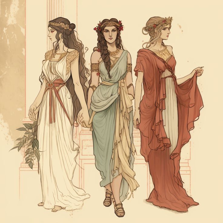 three women dressed in ancient greek dress, one wearing a wreathed headband and the other holding flowers