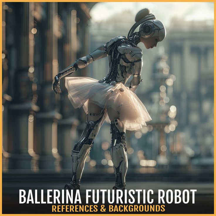 an image of a robot that is in the middle of a dance pose with words ballerina futuristic robot reference & background