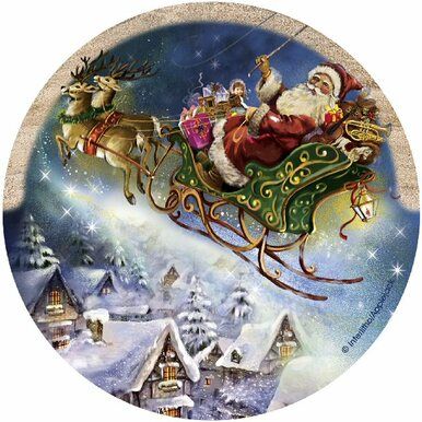 a santa claus sleigh flying through the sky with his reindeers on it's back