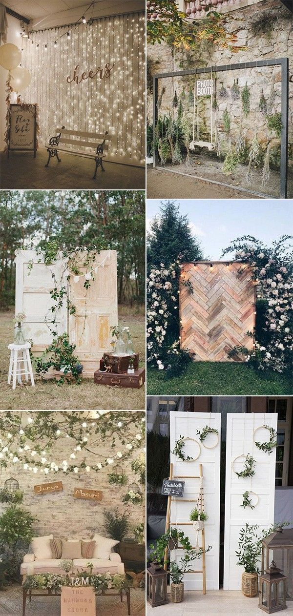 four different shots of an outdoor ceremony with flowers on the wall and chairs in the grass