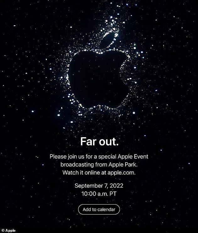 an apple event poster with the words,'far out please join us for a special apple event broadcasting from apple park watch it online at