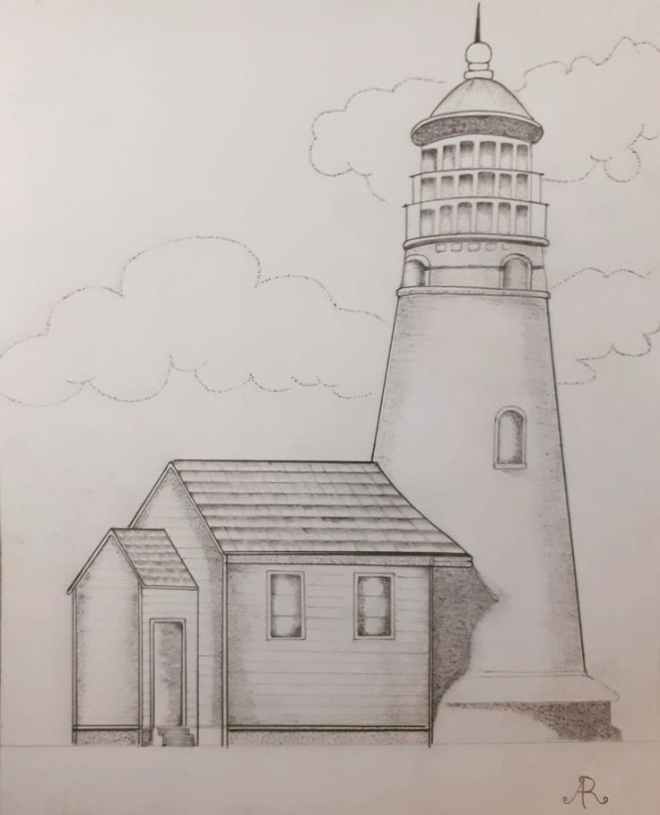 a drawing of a lighthouse with a house in the background