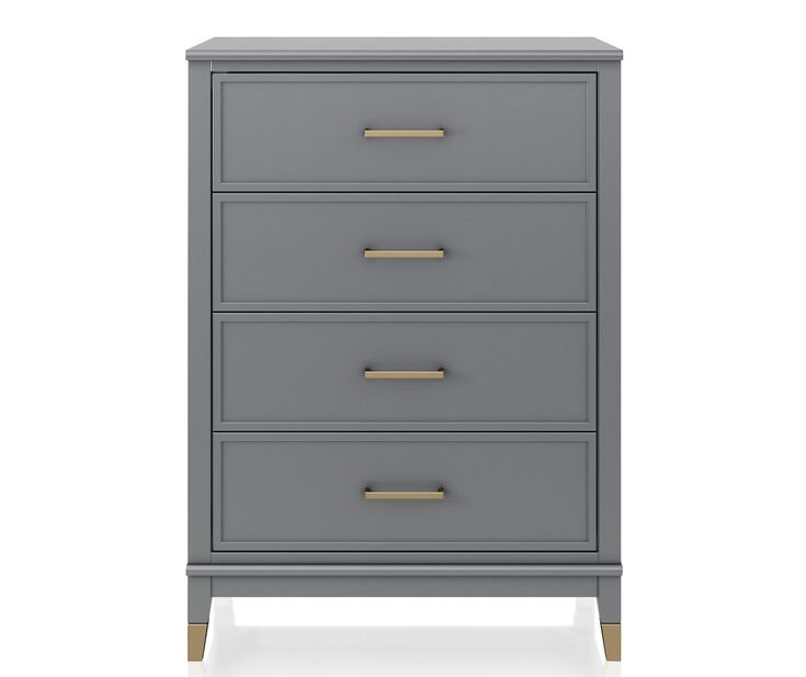 a grey chest of drawers with gold handles on the top and bottom, against a white background